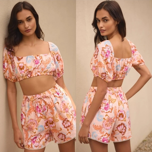 Seafolly Puff Sleeve Linen Crop Top in Peach Floral Size Large NWT - Picture 1 of 9